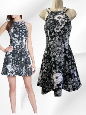 Guess Black & White Floral Fit & Flare Mini Dress Size 2 NWT MSRP $118